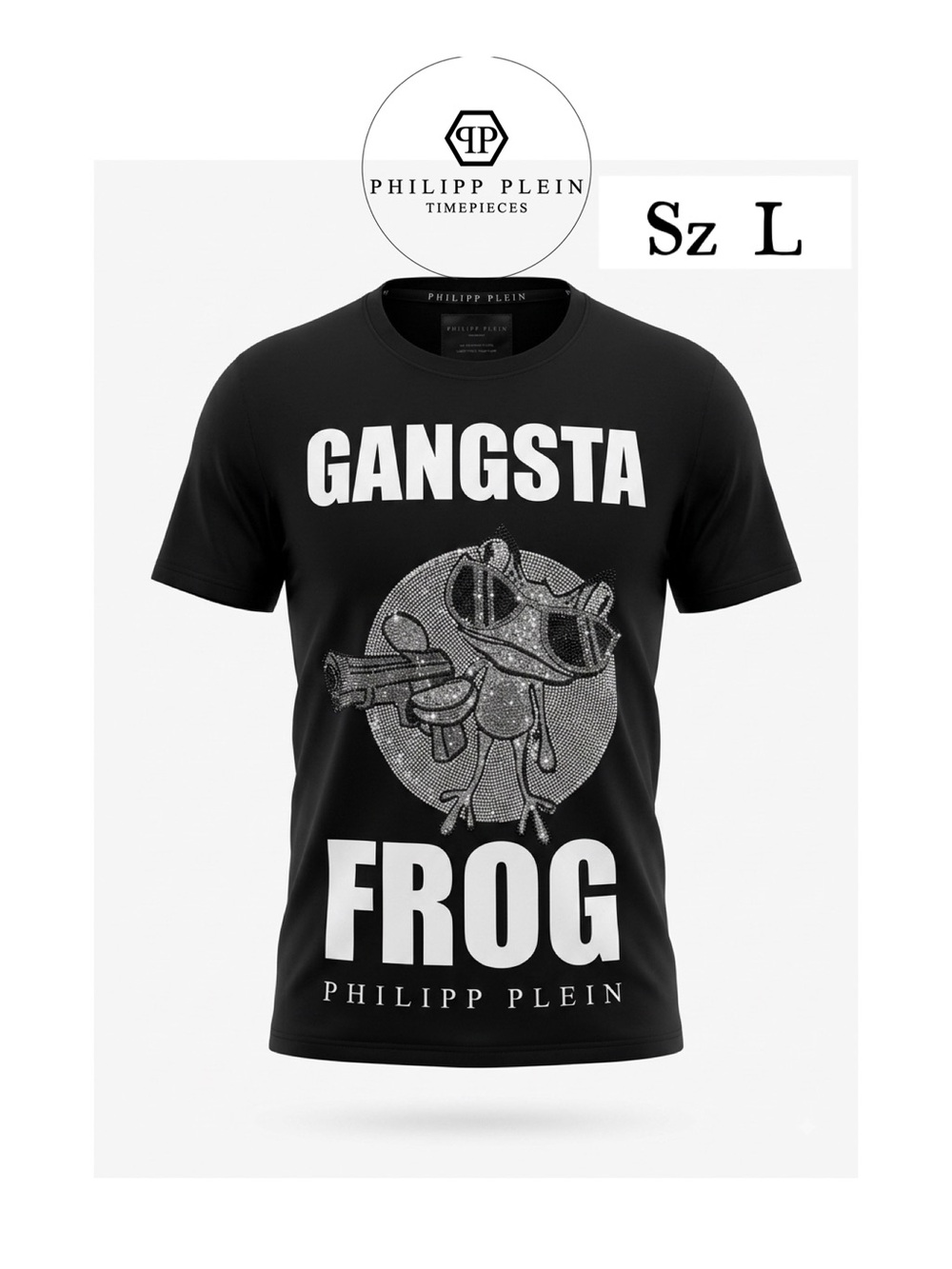 PHILIPP PLEIN Homme Black Rhinestone Gangsta Frog "The Unstoppables" T-Shirt L